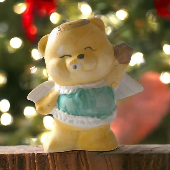 Vintage Ceramic Teddy Bear Ornament Handpainted 1980s Guardian Angel Wings - Picture 16 of 16